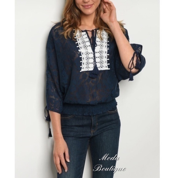 Navy Boho Blouse - Picture 1 of 2